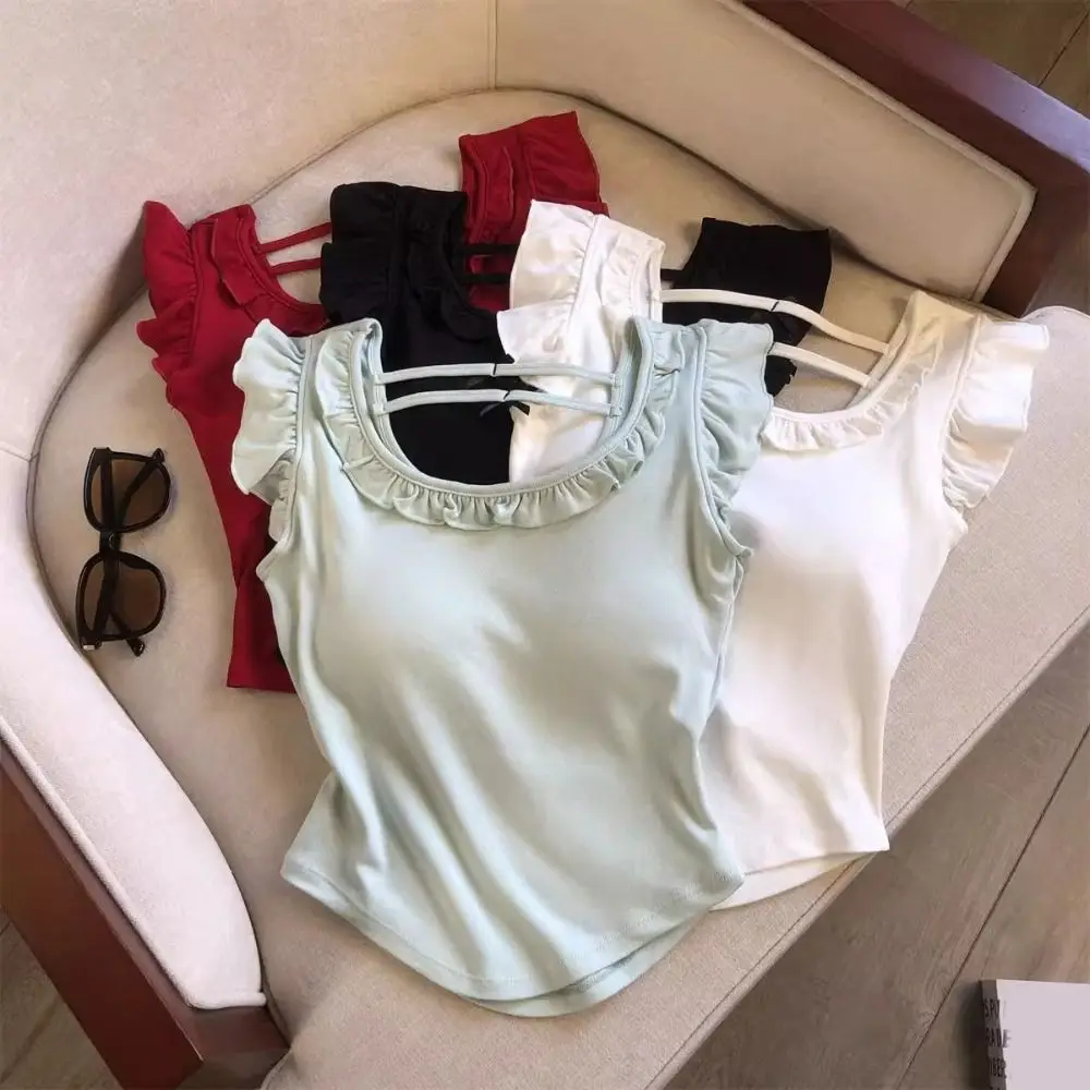 

Korean Style Ruffled Edge Bow Short Sleeve T-shirt Sweet Bow Y2K Slim Crop Top Pullover U Neck T-shirt with Chest Pads Girls