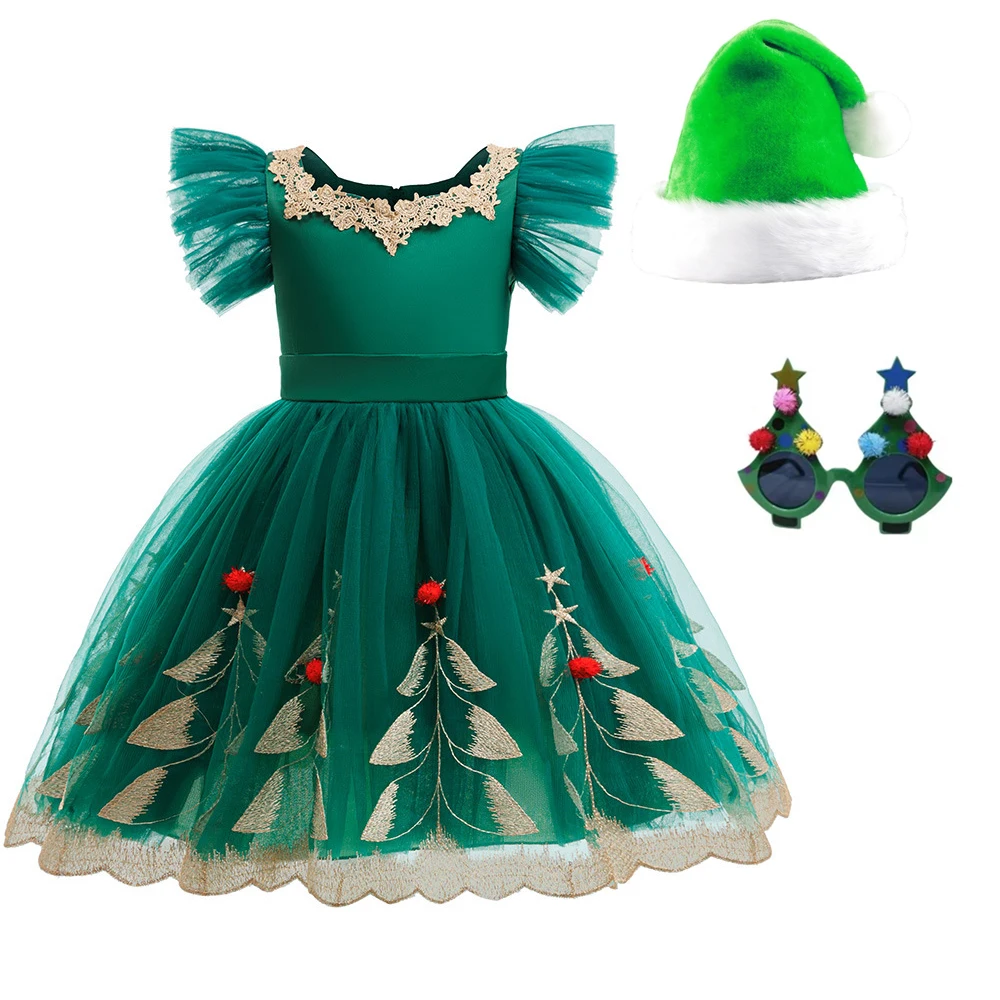 

Christmas Dress for Girls Flower Girl Children's Girls Princess Dress+glasses hat Girls Party Dress Piano Performa Kids Clothes