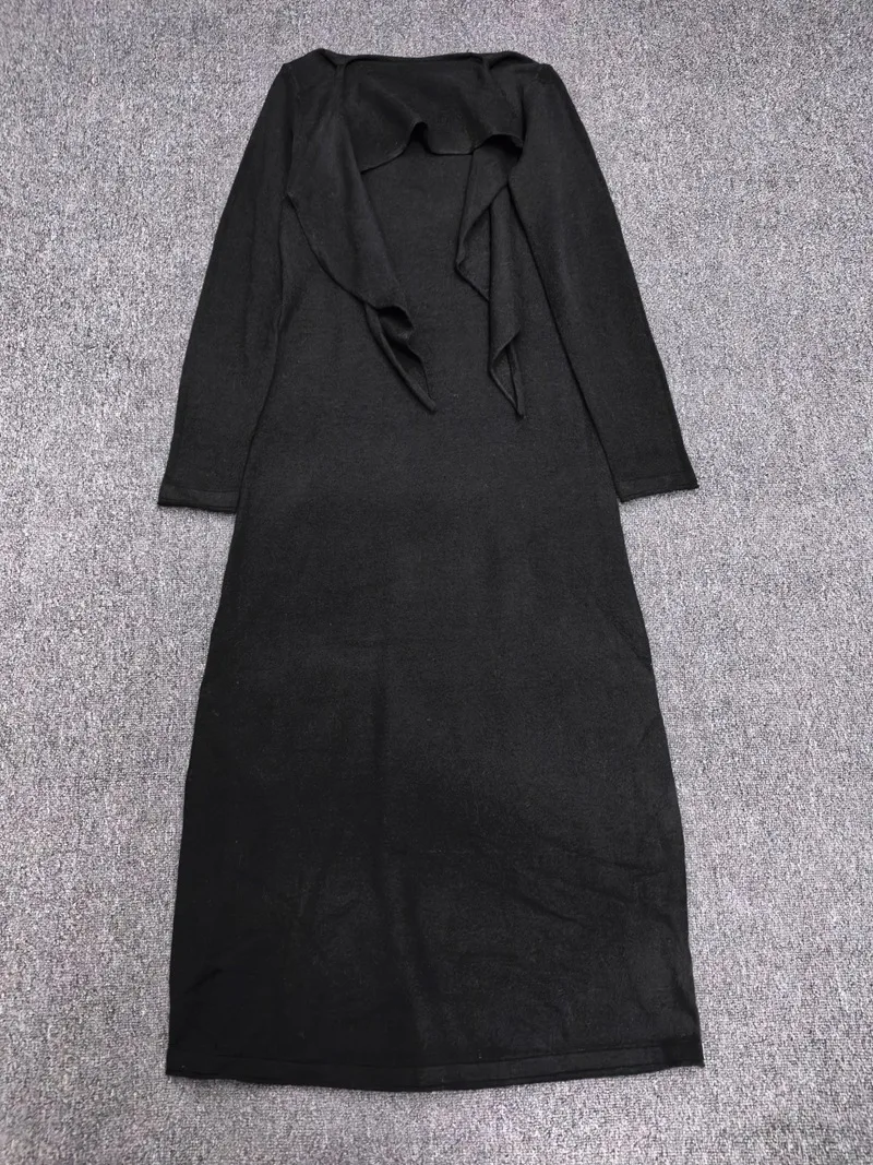 Vestido de manga comprida com gola alta e renda, novo vestido maxi de malha elegante e minimalista 2025 outono/inverno