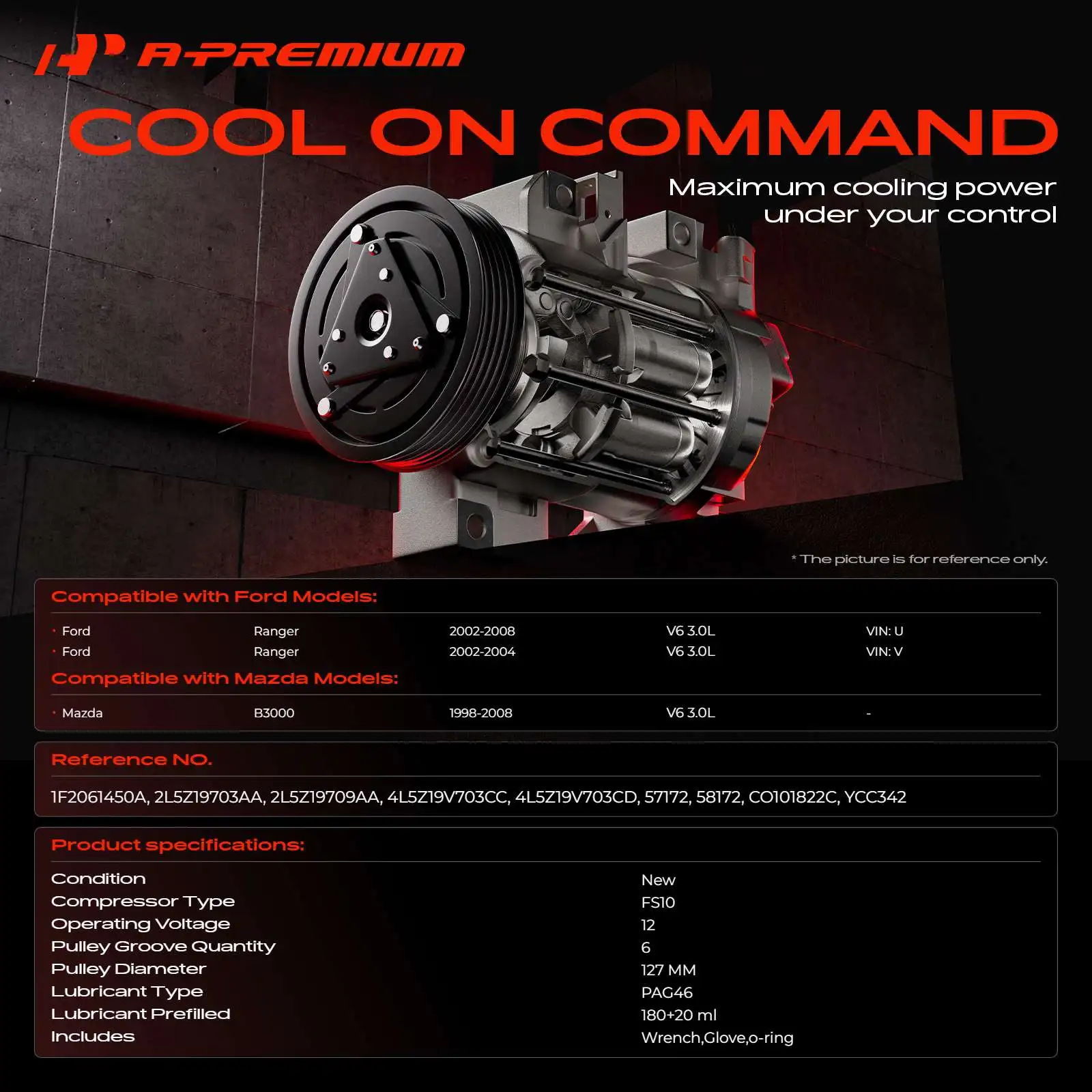 A-Premium AC Compressor with FS10 Style for Ford Ranger 2002-2008 Mazda B3000 1998-2008