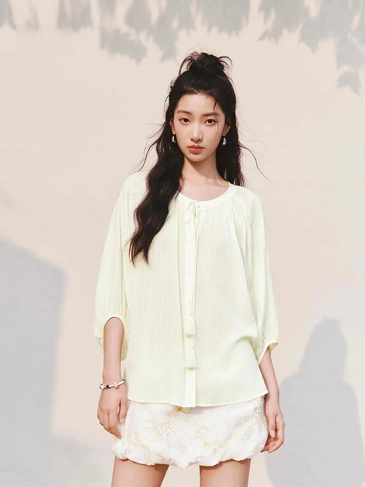 

Semir Oversize Lantern Sve irt Women's Summer Faion Textured Fringe Artistic Sle Seven-Quarter Length Button Detail