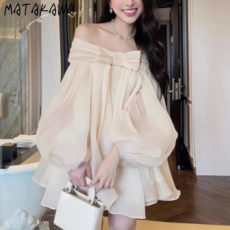 Matakawa Sweet Bow Vestidos Cortos Spring Summer Puff Sleeve Solid Slash Neck Women Dresses Birthday Party Elegant Mini Dress