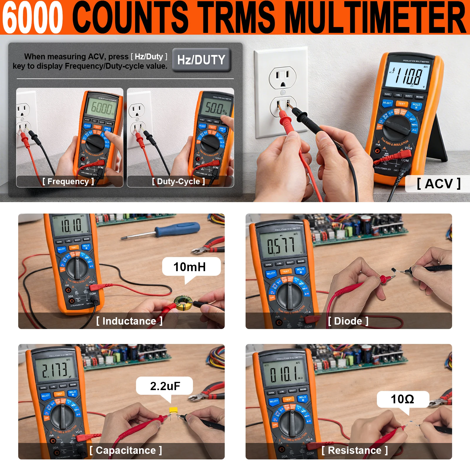 2 in 1 Insulation Resistance Tester Multimeter 6000 Counts True RMS 1000V NCV Voltage Tester Capacitance Inductance Temperature view 5