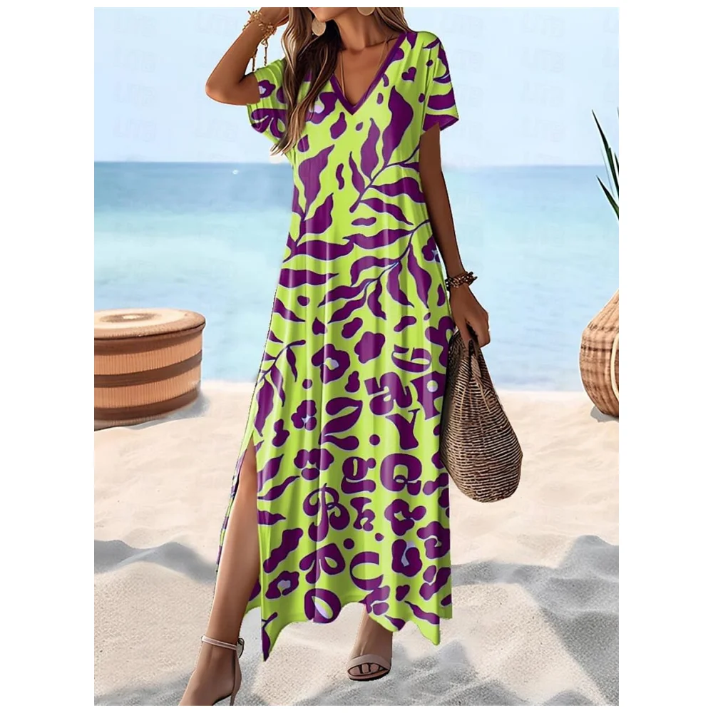 Fashion Women Dresses 3d Flower Print Woman A-Line Skirt Women Clothing Elegant Women Dresses Summer Casual V-Neck Slit Dress