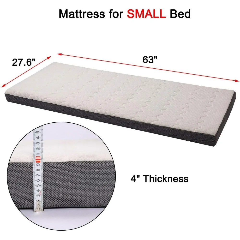 4-Inch Foam Soft Mattress for Kids, 30D Single Bed, Bunk & Daybed, 63x27 Inches