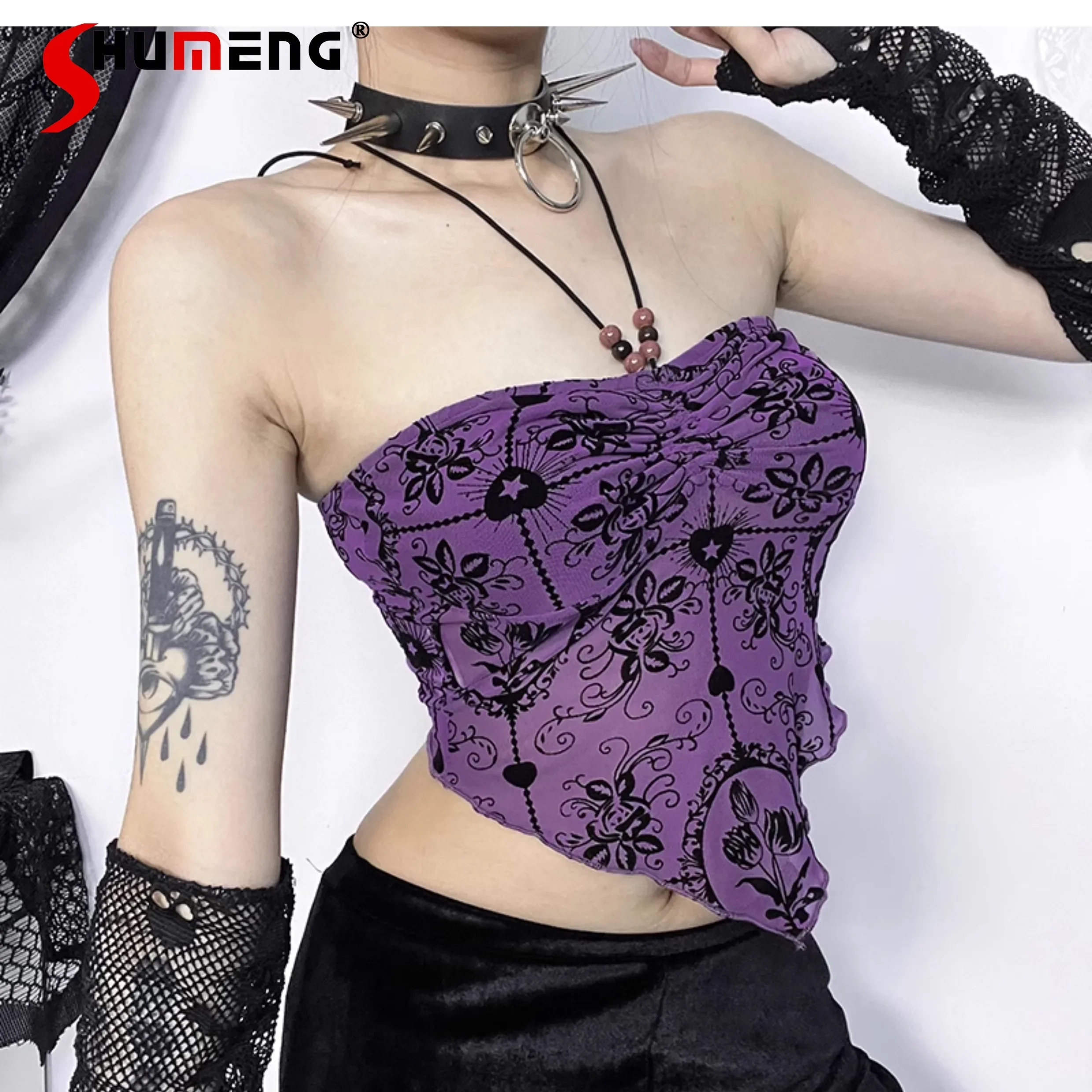 

Music Festival Club Hot Girl Sexy Halter Camis Female Gothic Subculture Purple Printed Cute Top Women Summer Slim-Fit Camisole