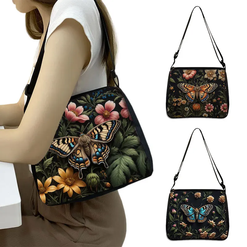 

Moth and Flower Pattern Shoulder Bag Butterfly Women Handbag for Travel Teenager Key Phone Money Holder Portable Crossbody Bag