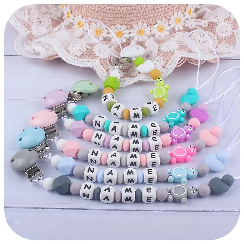 

Baby Pacifier Clip Chain Personalized Name Cartoon Silicone Teethers Dummy Nipple Holder Clips Newborn Teething Toys Accessories