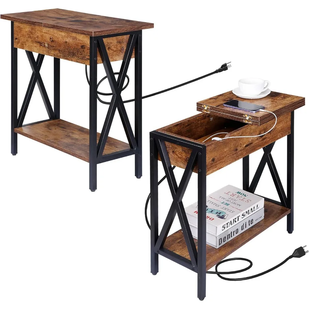 

Exquisite Nightstands with Charging Station Set of 2, Flip Top End Side Table with Drawer, Storage Shelf & USB Ports & Power