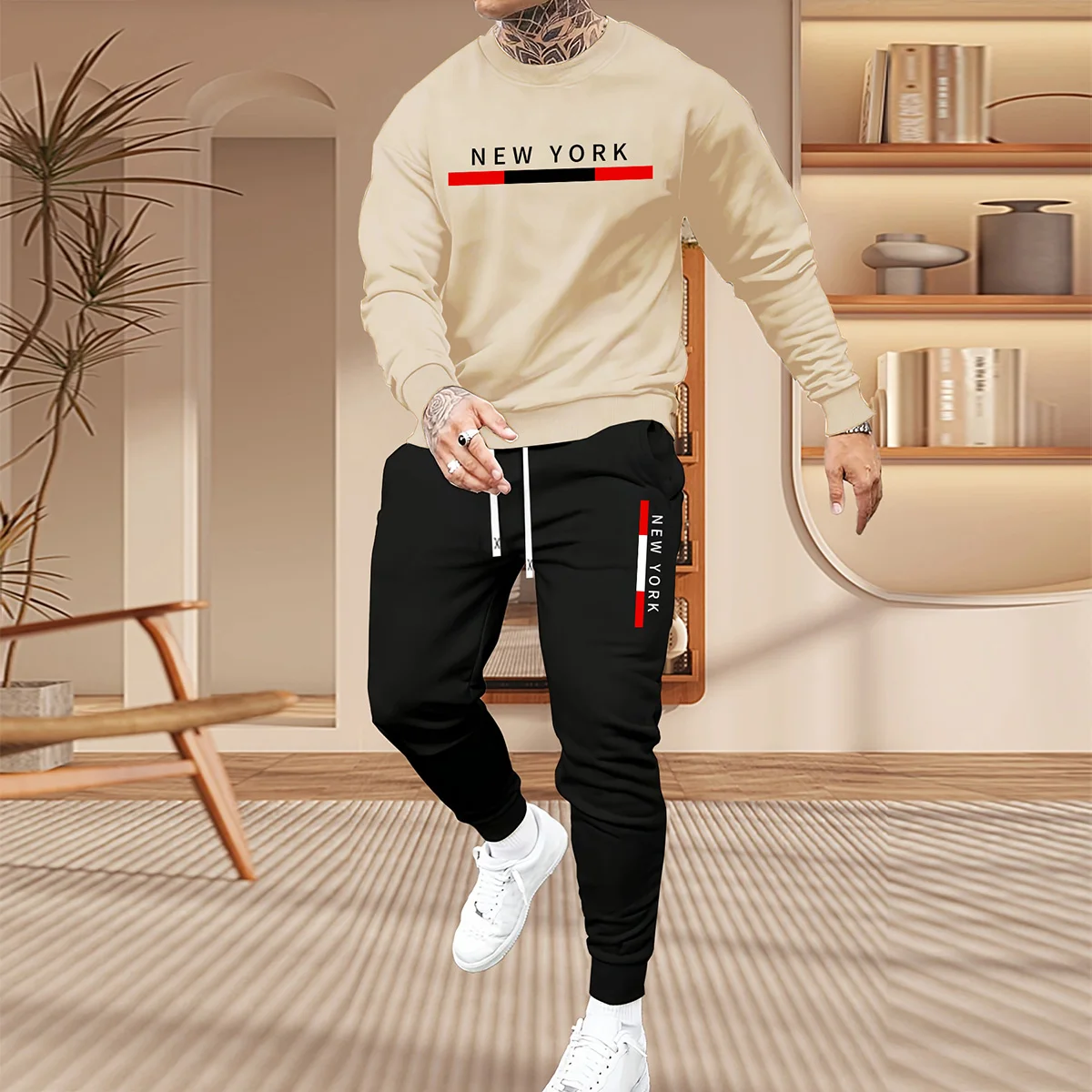 メンズ秋冬プリントパーカーセット、ゆったり快適、ショッピング、旅行、普段使いに最適