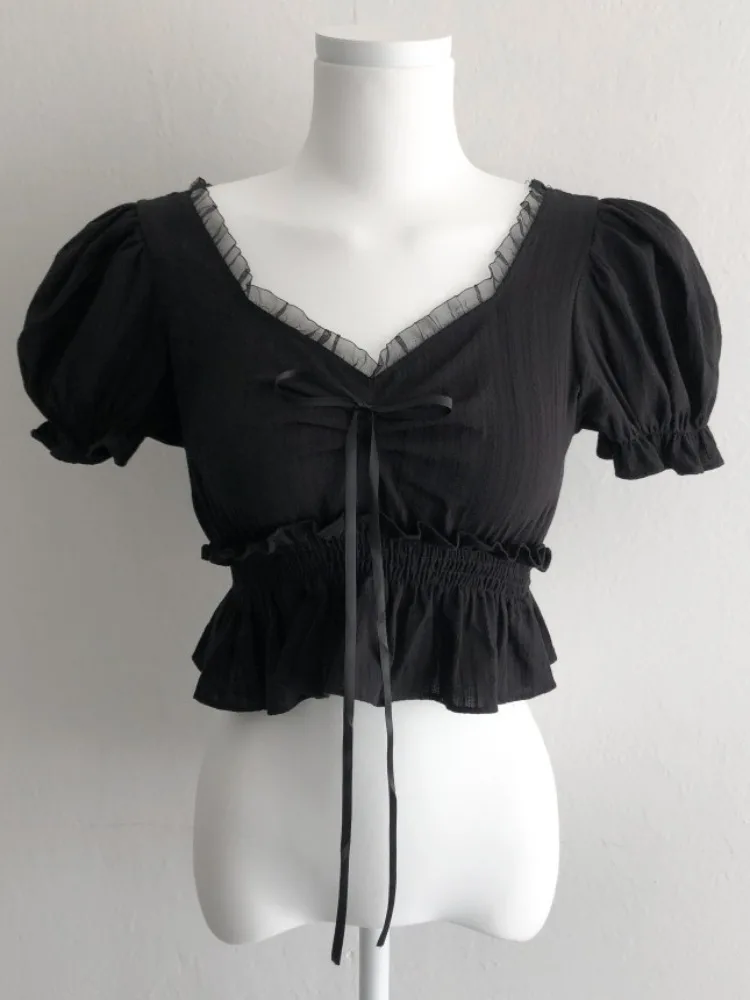 

Chic Summer Vintage Ruffle V-ne Splice Wooden Ear ort Bubble Sve irt Slimming Versatile Fem Faion Top