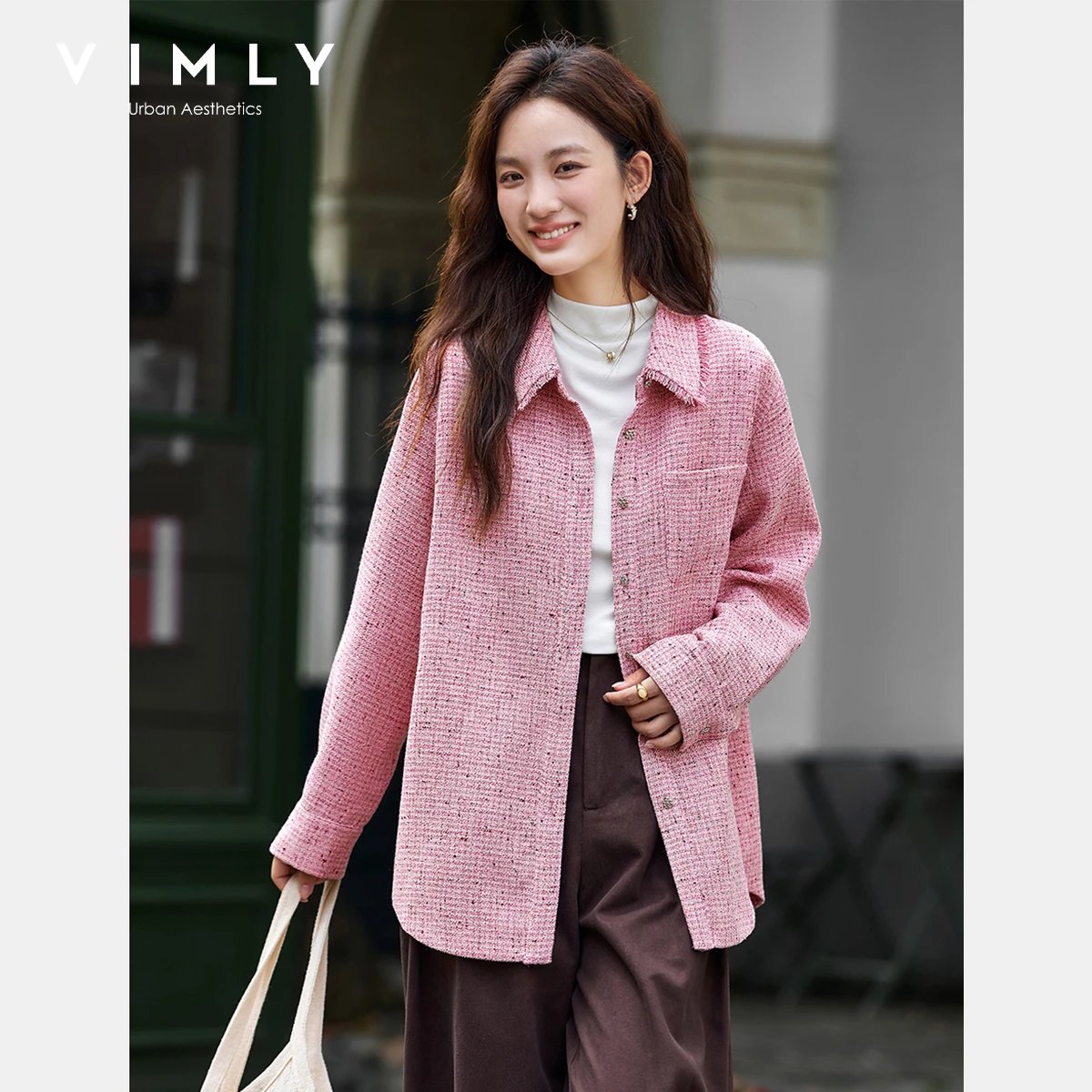 VIMLY  Vintage Woven Tweed Jacket Coat Women Autumn 2025 Small Fragrance Full Sleeve Ladies Coats Patchwork Outerwear A2357