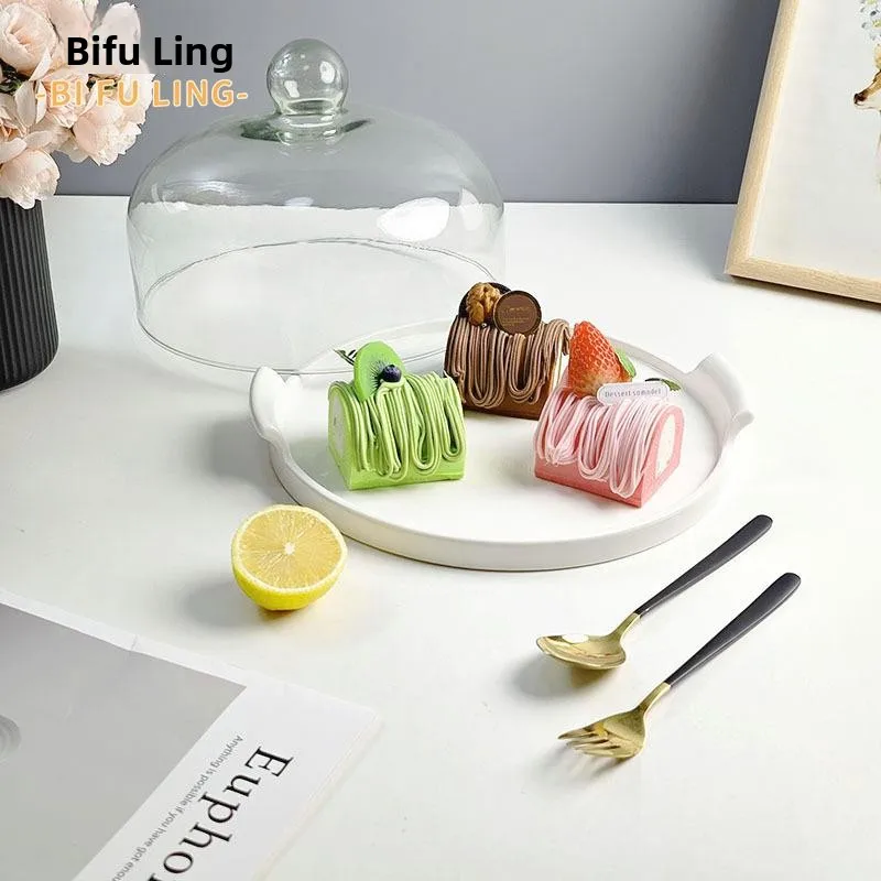 

Керамическое блюдо с двумя ручками для торта, чая, закусок, десертов, с крышкой из стекла, для димсамов, в простом стиле, из костяного фарфора