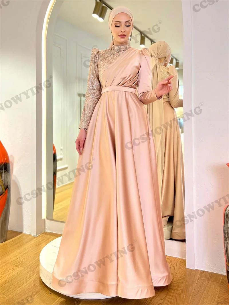 

Satin Sequin Long Sleeve Muslim Evening Dresses High Neck Islamic Hijab Formal Party Gown Women Arabic Kafatn Robe De Soiree