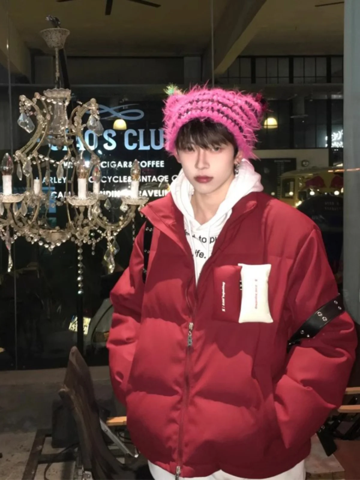 

Red Wine Color Stand Collar Thiened Cotton Jaet for Men Winter Japanese Sle Retro Youth Casual Outerwear Bread Sle