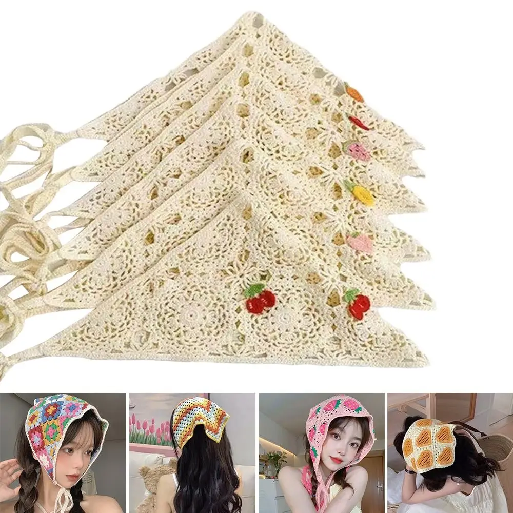 

Hollow Triangle Scarf Cute Little Mushroom Cherry Hairband Hand-Crocheted Japanese Retro Bandage Hood Headbands