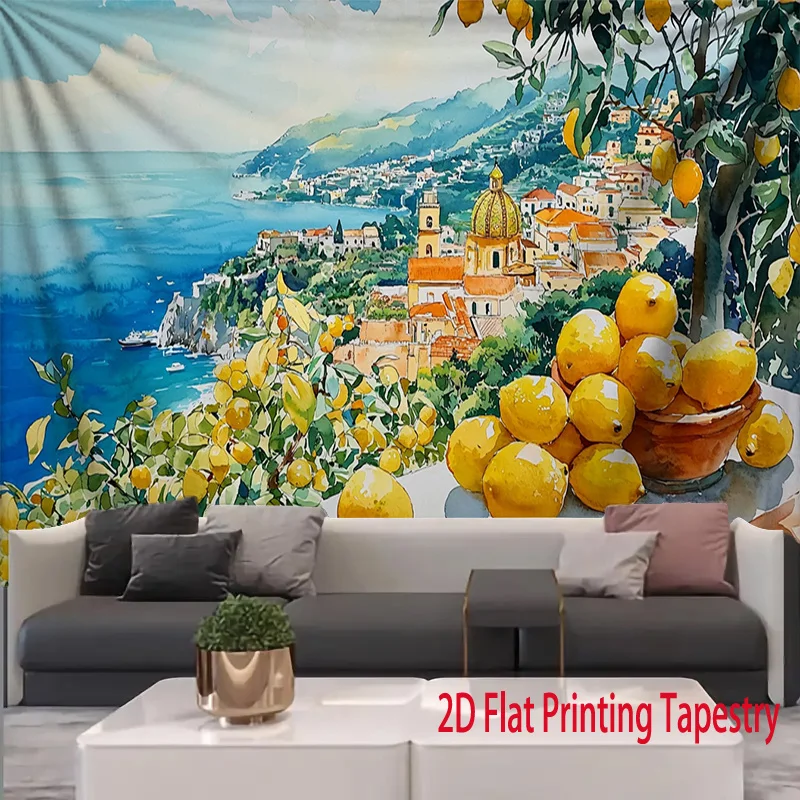 Large Mediterranean Coastal Town Tapestry Lemon Grove Village Wall Art Decor Prints for Rustic Living Room Home Decor