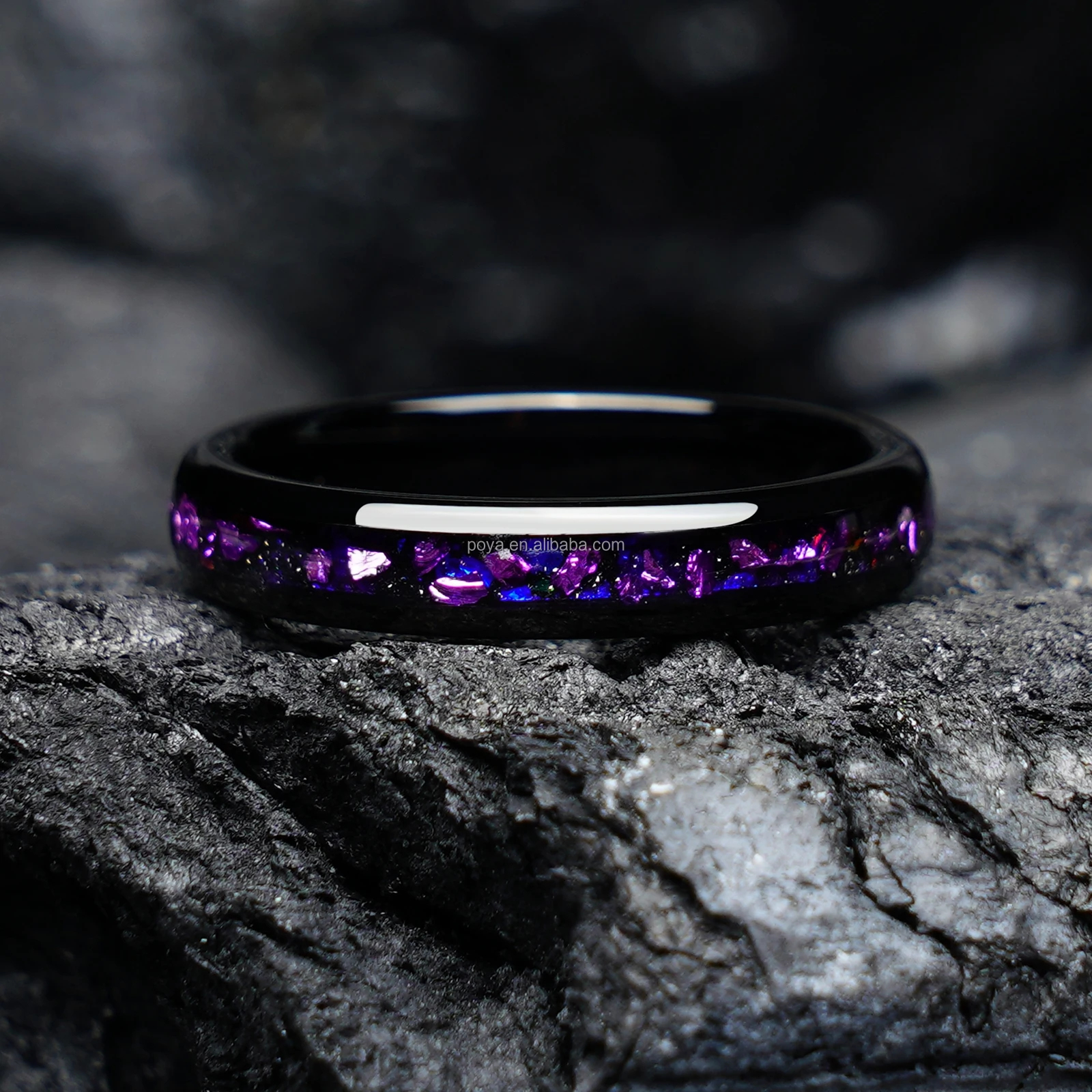 

Women's 4mm Wide Tungsten Carbide Black Ring with Purple Meteorite Inlay Elegant Jewelry Band for Wedding Or Engagement