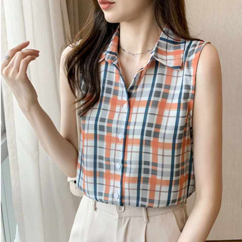 Fashion Lapel Button All-match Lattice Shirt Women\'s Clothing 2023 Summer New Casual Tops Sleeveless Office Lady Blouse