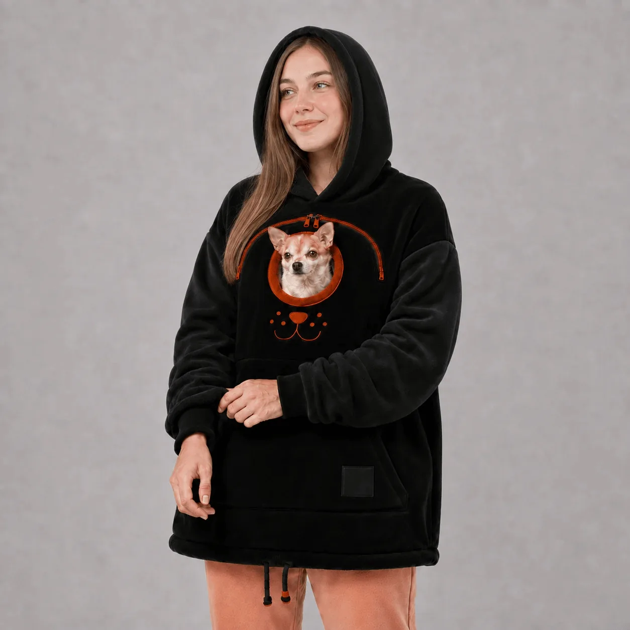 Women Winter Hooded Lamb Velvet Zipper Kangaroo Pocket Cat Dog Mommy Outwear Sweatshirt Comfortable Street Style Trendy Fashion