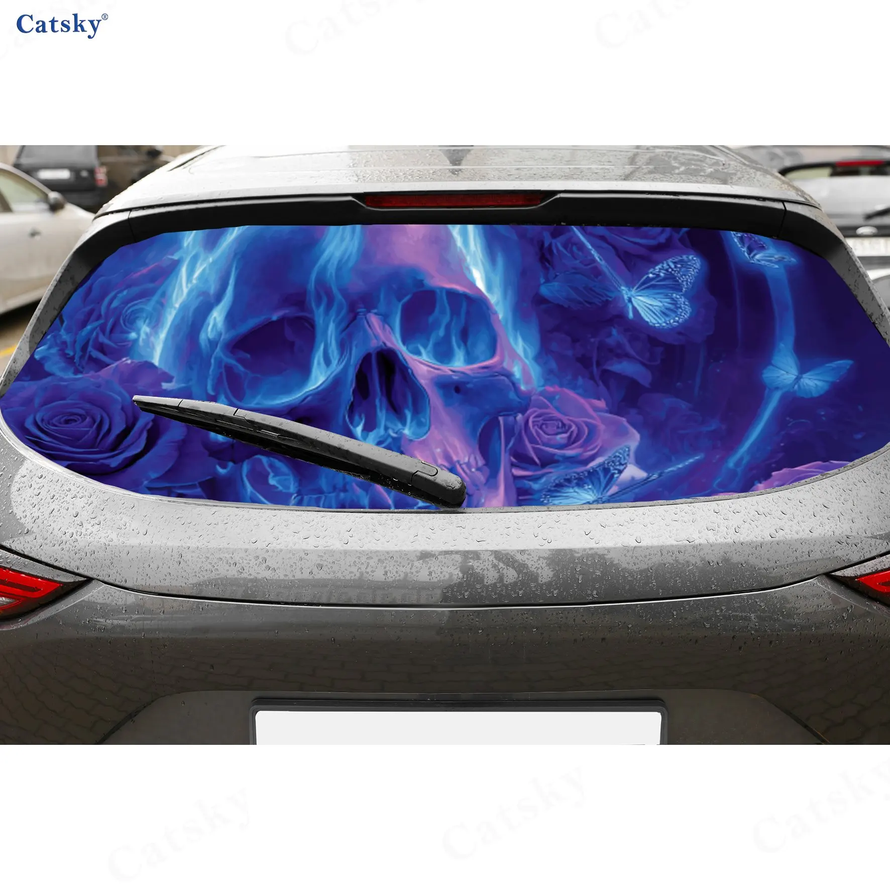 

Dark Blue Flame Skull Rose Art PVC Perforated Car Vinyl Wraps, Durable Car Rear Windshield Sticker, Waterproof Car Rear Window D