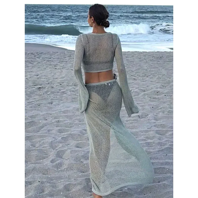 ALESI Sexy Knitted Cut Out Flare Sleeve Crop Tops & Lace-up Slit Leg Skirt Sets Women 2024 Summer See Through Bikini Cover-ups