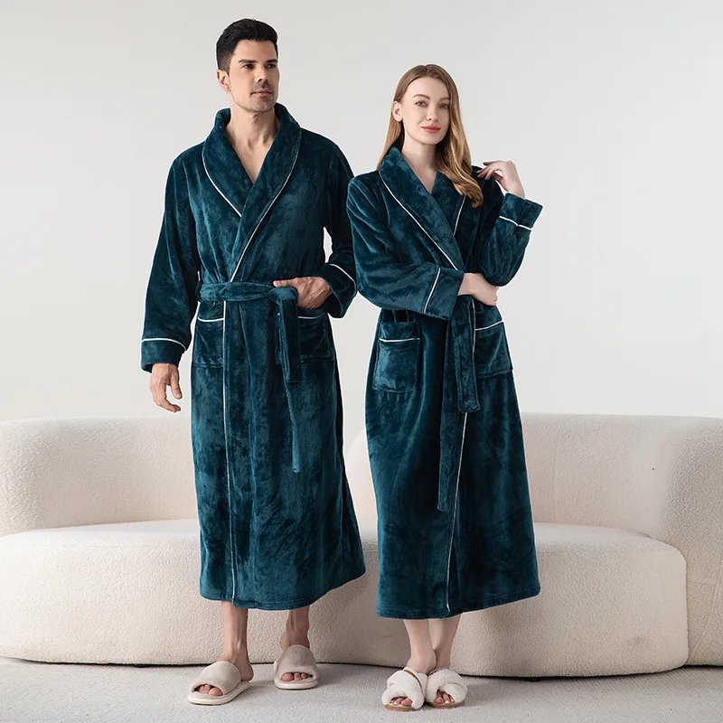 Oversize 3XL Winter Flannel Long Couple Robe Sleepwear Thick Warm Coral Fleece Bathrobe Gown Nightwear Loose Homewear Loungewear