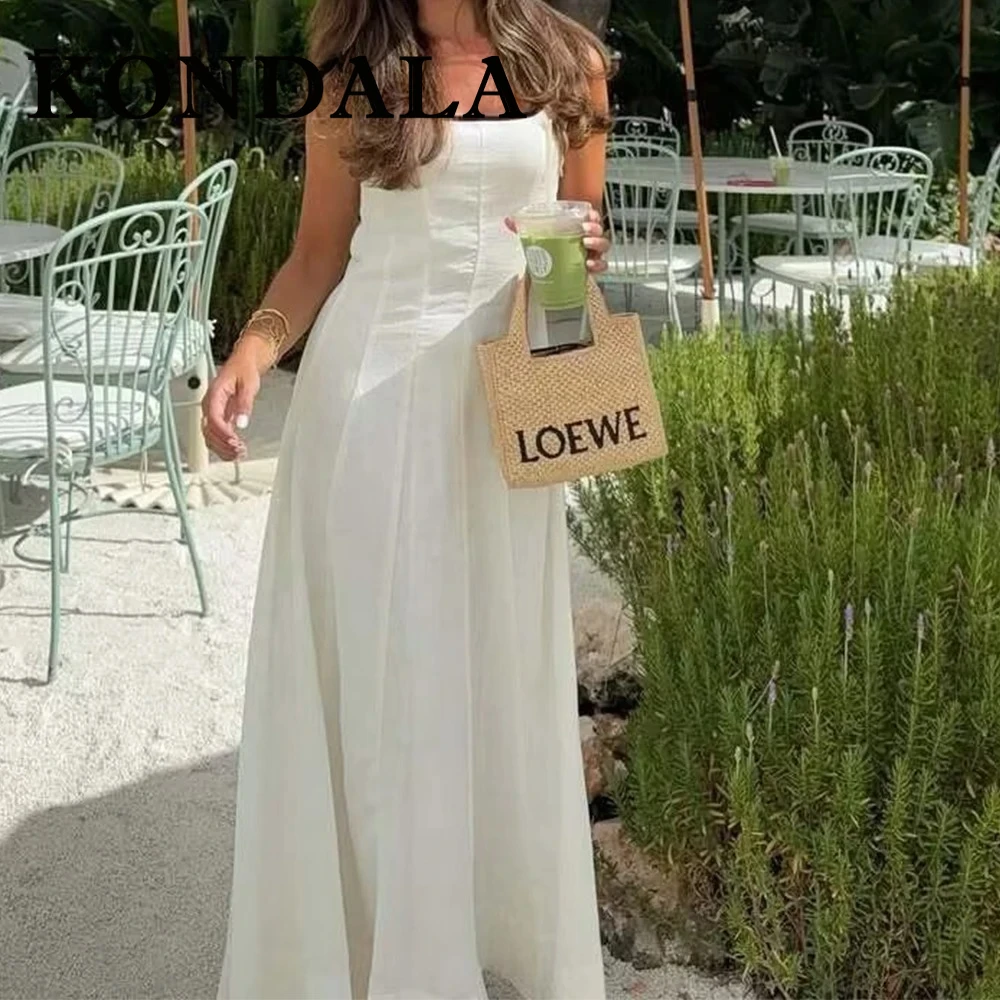 KONDALA Chic Woman Dress Fashion 2025 Summer Mini Sleeveless Holiday Square Collar Dress Pleated Female Party White Vestidos