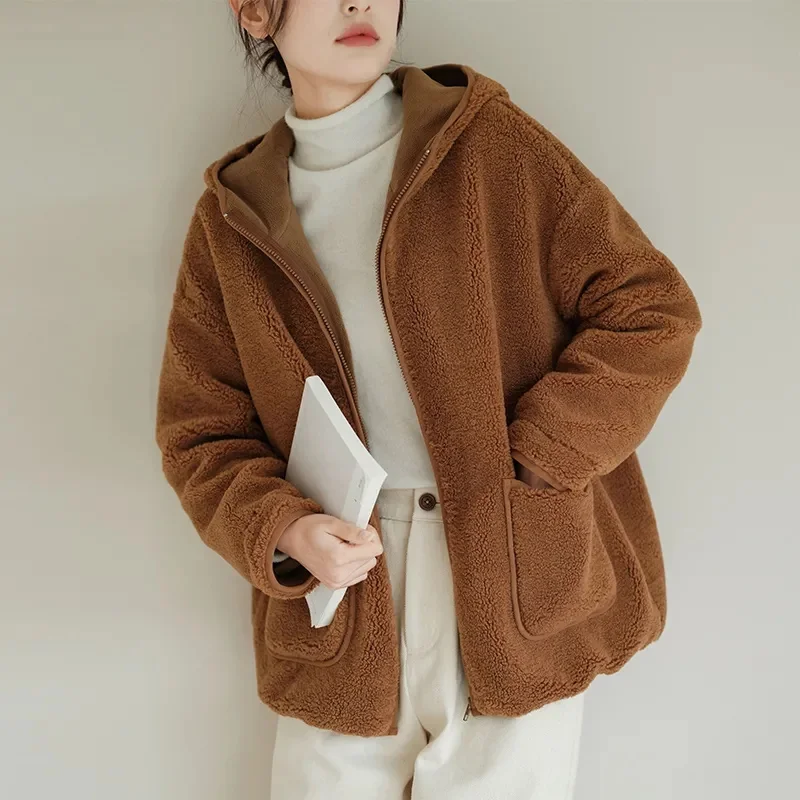 Autumn Winter Female Hooded Thicken Outwear 2025 Ladies Fashion Particle Velvet Jacket Korean Women Long Sleeves Loose Top Coat
