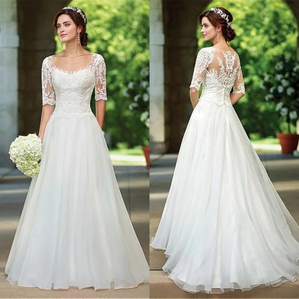 Elegant A‑Line Wedding Dresses Half Sleeve Scoop Neck Illusion Lace Back Sweep Train Tulle Bridal Gown for Church Formal Wedding