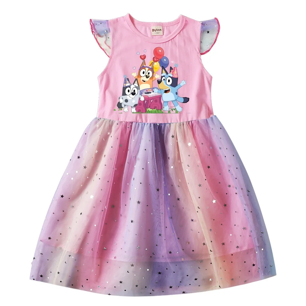 Anime Bluey Dress Cotton Print Cartoon Bingo Dog Star Mesh Long Sleeve Princess Dress Girls Flying Sleeve Skirt Birthday Gifts