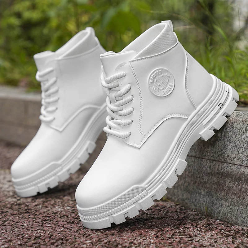 Men Solid White Leather  Combat Boots, Chunky Lug Non Slip Lace Up Ankle Boots For Hiking Street Daily Camping Outfits view 4