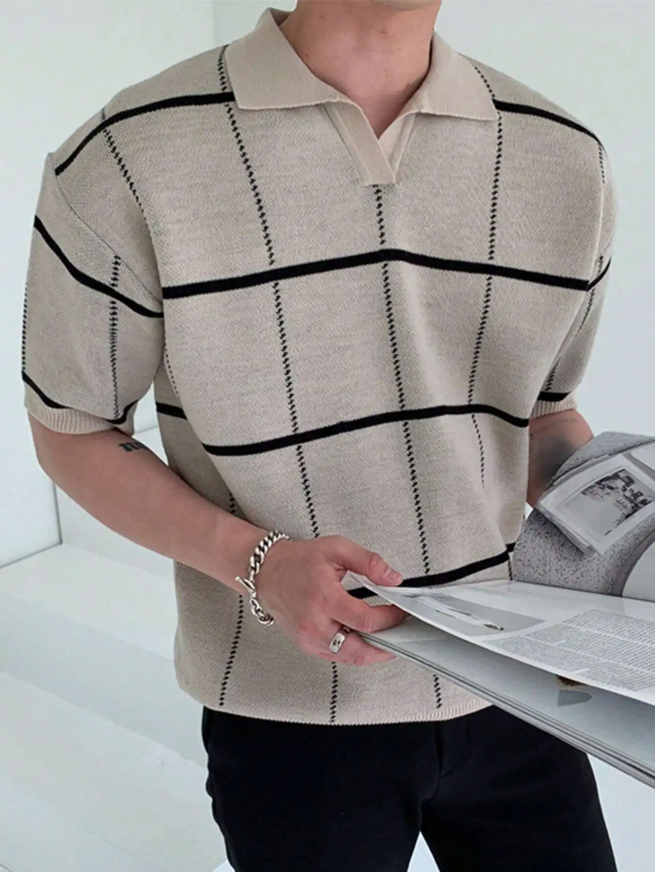 

Men's Knit Polo Shirt with Black Grid Pattern, Beige Color, Short Sleeve