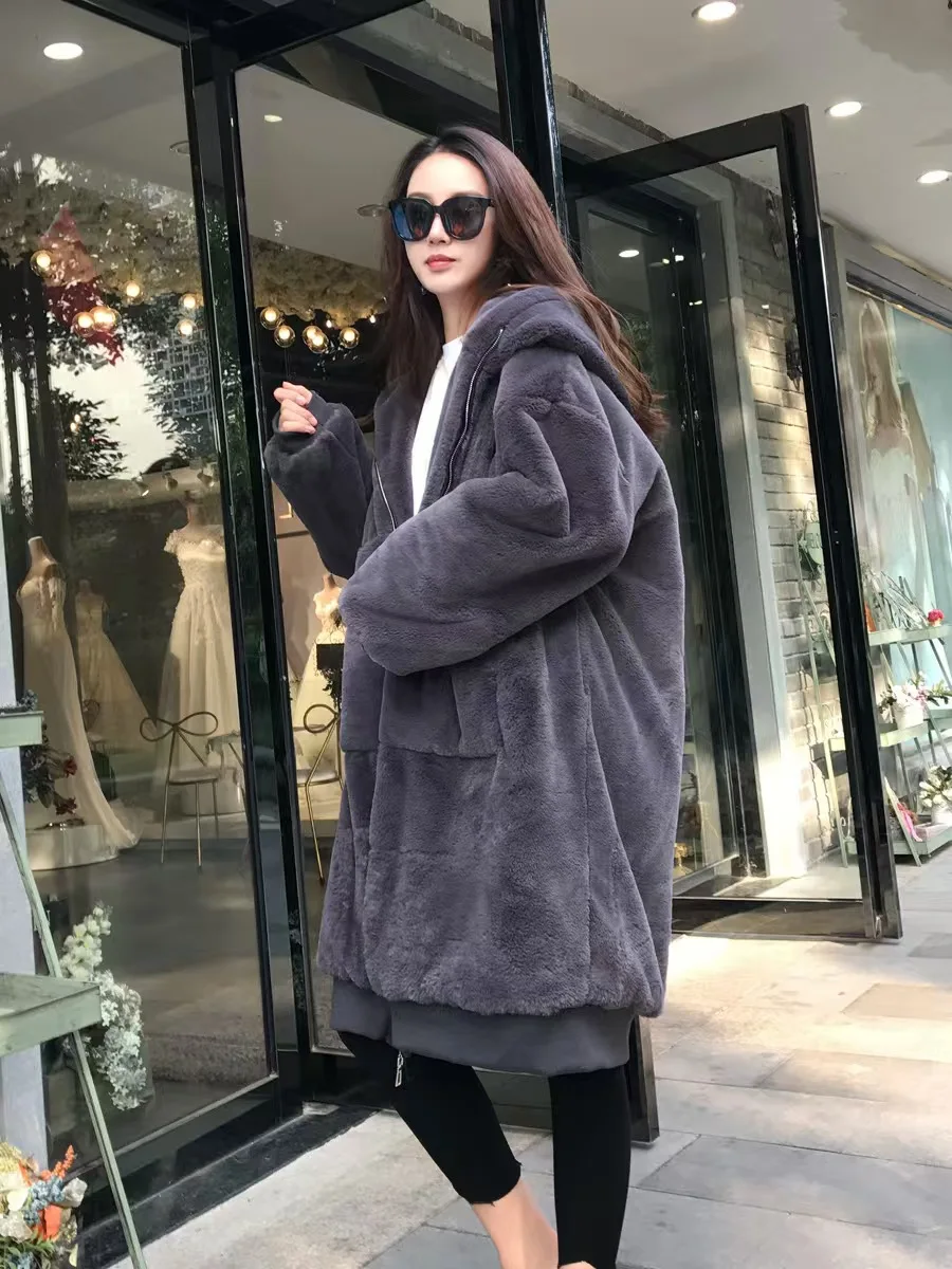 Women\'s dress Winter sweater Winter long plus size rabbit fur coat Women\'s hooded coat New zipper thick warm fluffy clothes