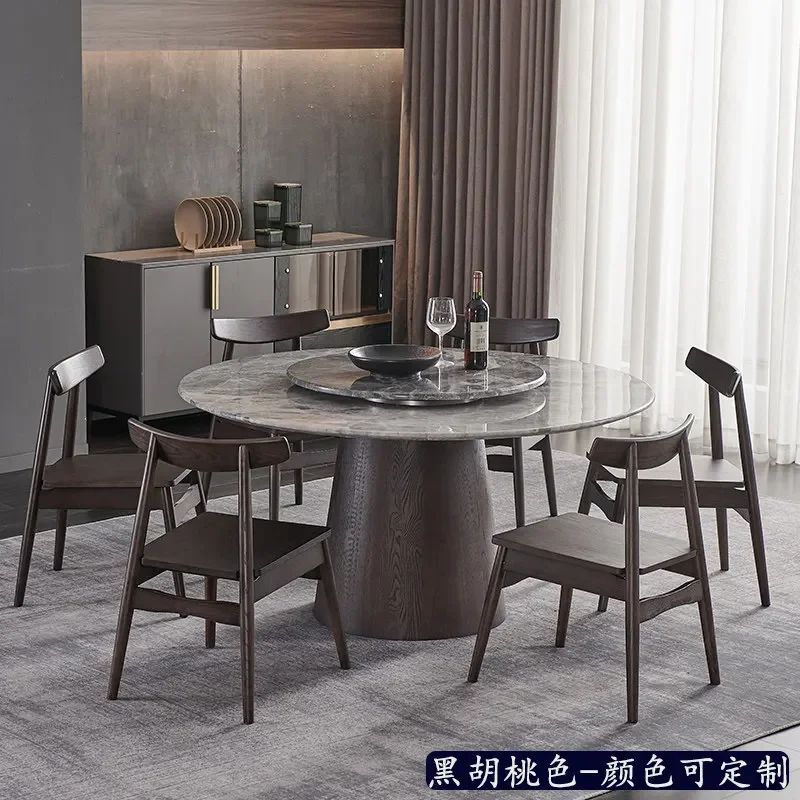 Imported Fendi white natural marble dining table high-end solid wood round table and chair combination round luxury
