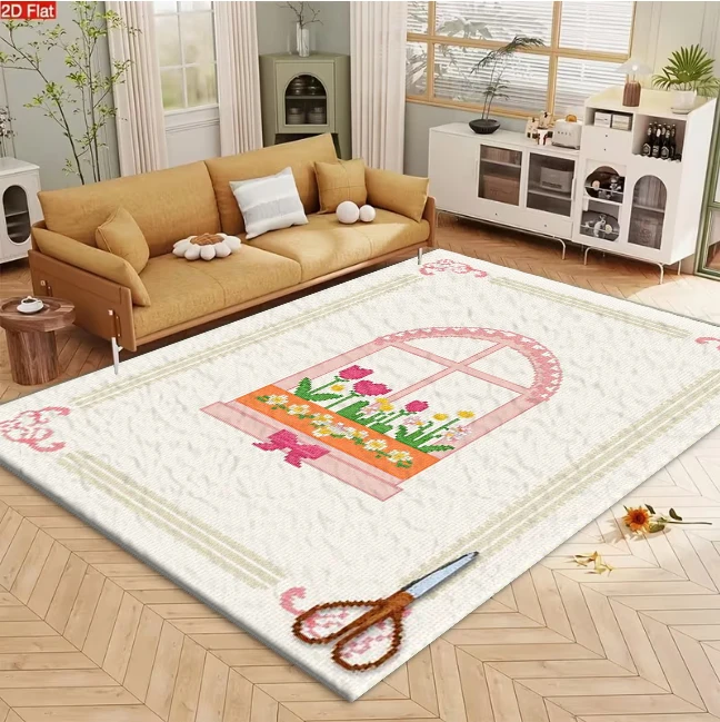Vintage Cross-Stitch Window Floral Art Carpet Flooring Elegant Household Area Rug Decorative Indoor Floor Carpet