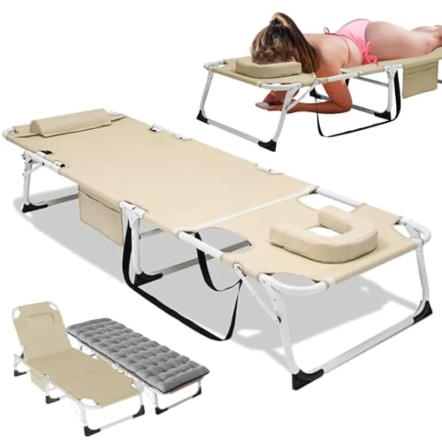 

3 in 1 Sun Tanning Chair with Face Arm Hole Heavy Duty Folding Chaise Lounge Chairs 5-Position Outdoor Lounge Chair for Beach P