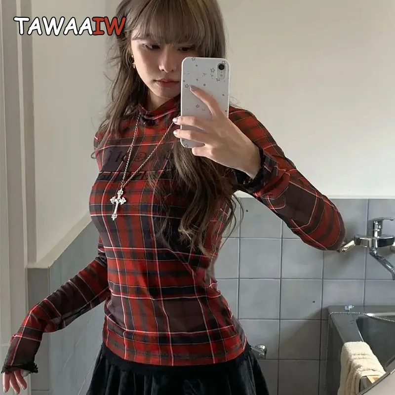 Tawaaiw Plaid Skinny Women's T-shirt Long Sleeve Korean Fashion Slim 2000s Clothes Y2k Autumn Mesh Tops Tees Female Clothing