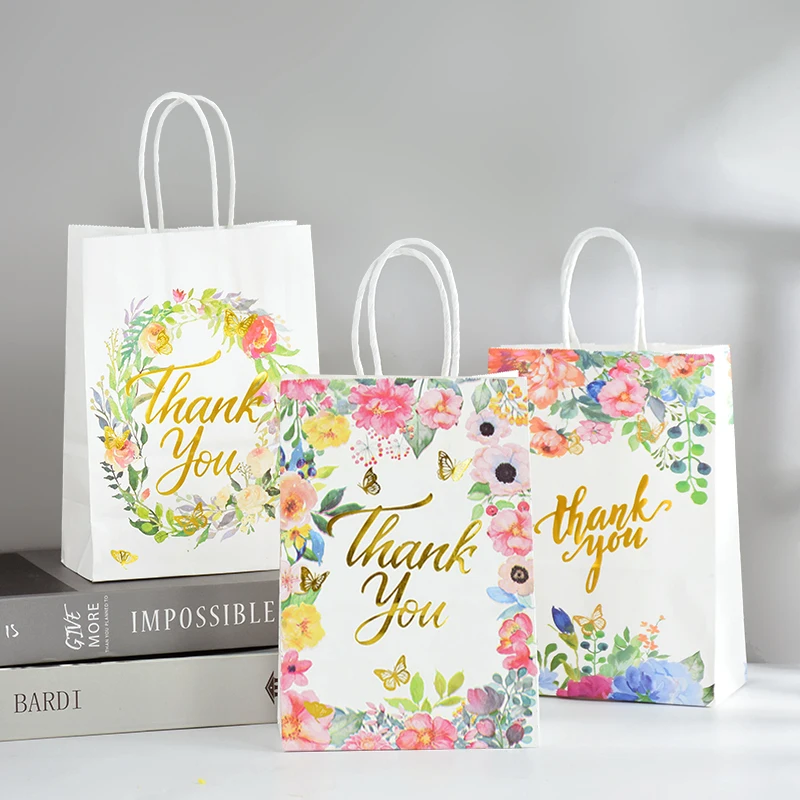5Pcs Blumen Danke Geschenk Taschen Hochzeit Geschenk Für Gäste Papier Snack Cookie Süßigkeiten Verpackung Tasche Hochzeit Party Dekoration