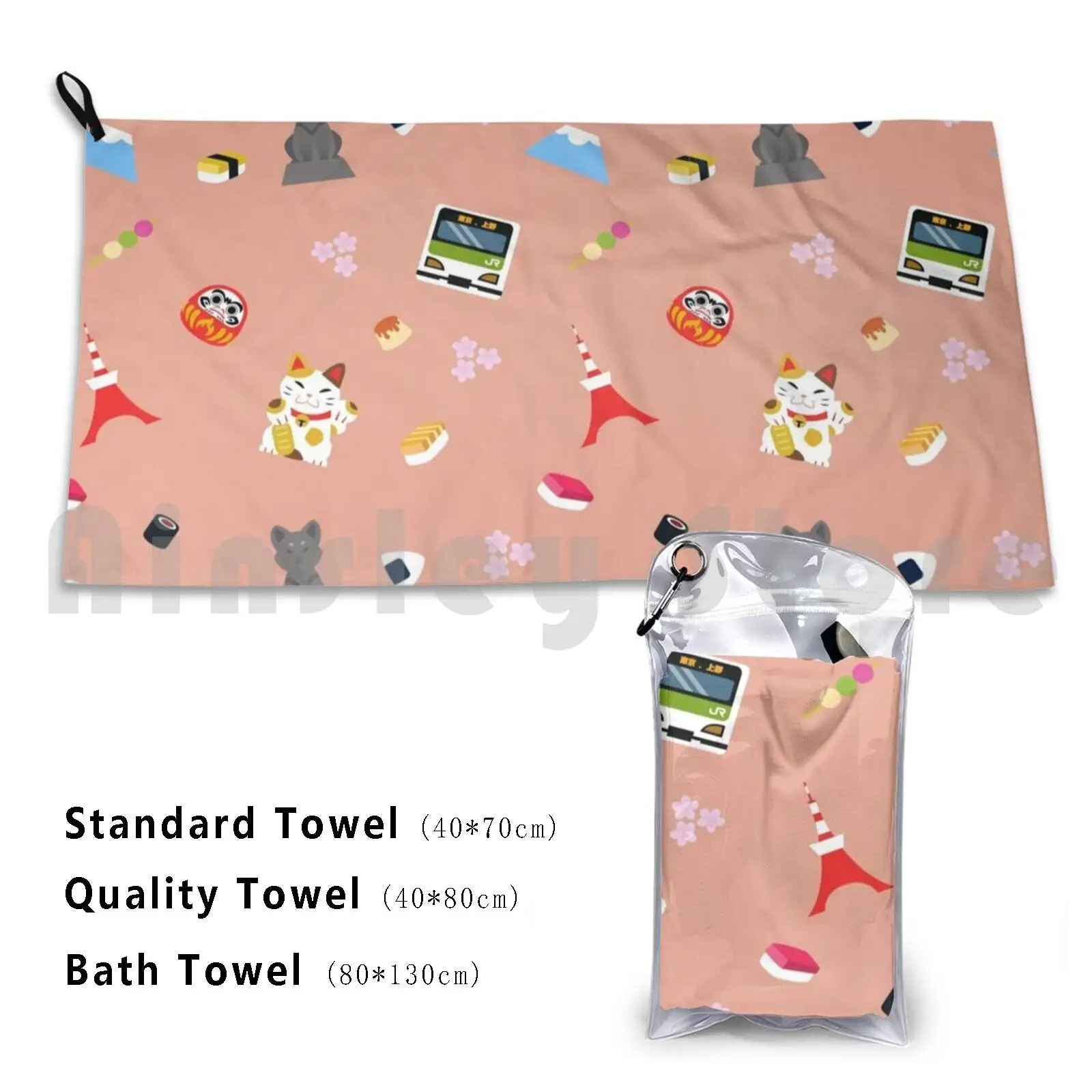 Tokyo Custom Towel Bath Towel Tokyo Japan Hachiko Maneki Neko Cat Daruma Luck Tokyo Tower Train Fuji Cute