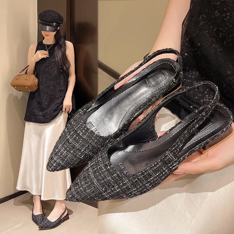 

Изысканные женские босоножки с носком на низком каблуке во французском стиле, одиночные туфли большого размера в полоску в маленькую шикарном стиле сзади