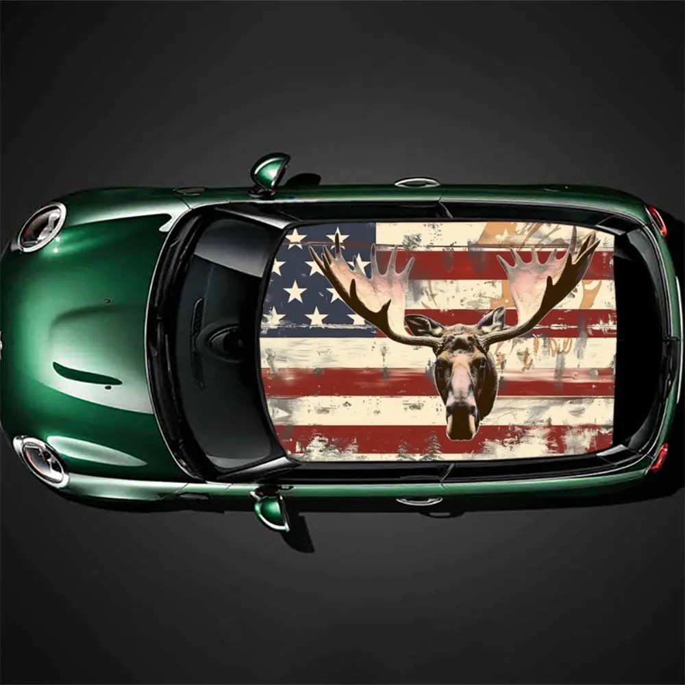 Cool Deer with USA Flag Car Roof Sticker Wrap Racing SUV Auto Accessories Packaging PVC Car Hood Graphic Decal Decoration Gift