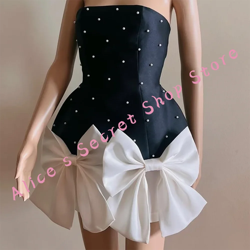 

Classic Contrast Color Strapless Pearls Bow Formal Evening Dresses Birthday Party Prom Gowns Customized