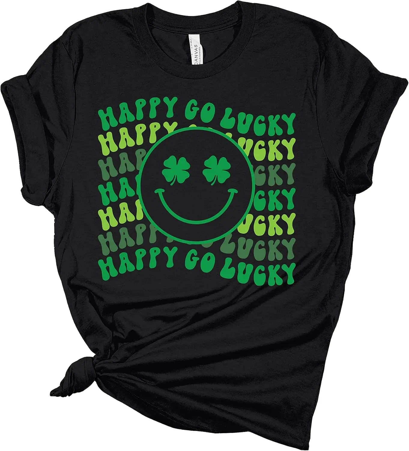 Womens Happy Go Lucky Shamrock Smile Face St. Patricks Day Unisex Fit Short Sleeve T-shirt