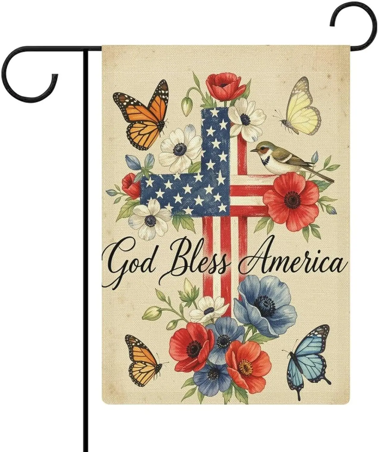 God Bless America Religious Cross Floral Double Sided Garden Flag 12x18 Inch 4th of July Decor ZZM