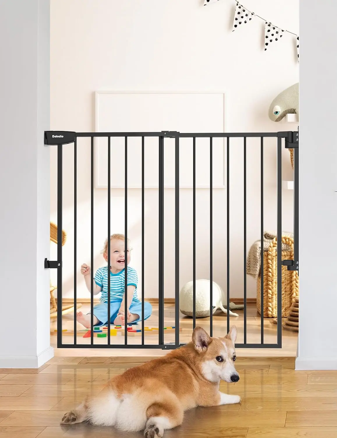

34" Auto Close Baby/Dog Gate, No Bottom Bar, 29.7-46.5" Wide, Hardware Mount, Black