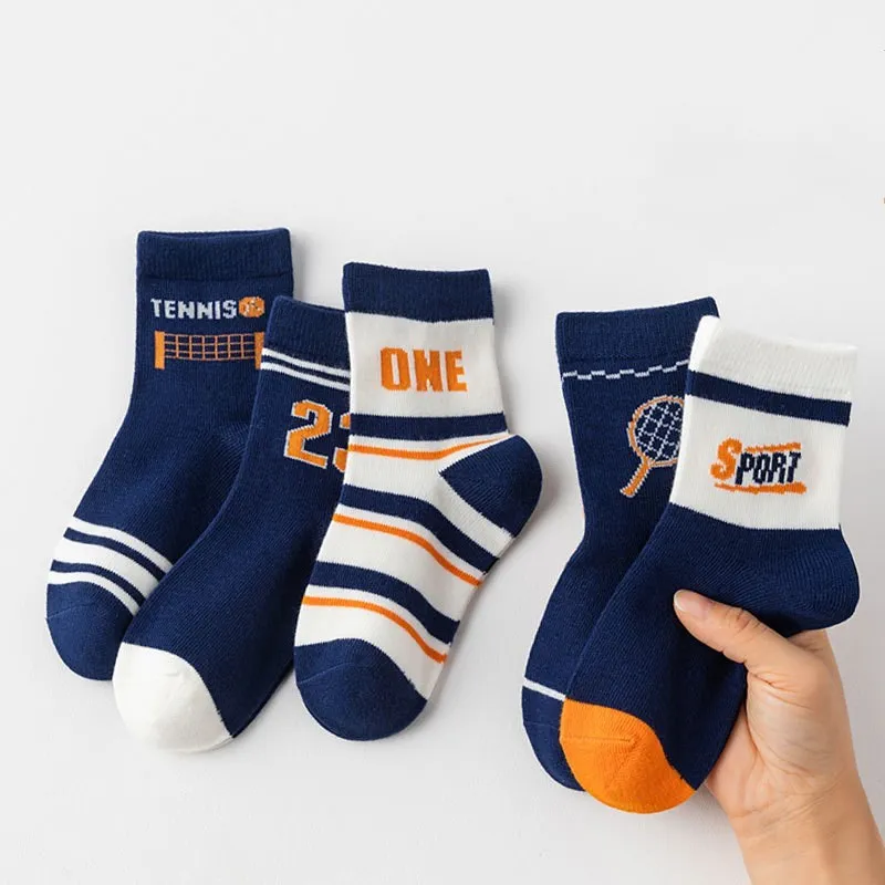 Chaussettes de sport en coton pour enfants, motif de lettres de dessin animé, chaussettes pour enfants, garçons, bébé, printemps, automne, 1-14T, 5 paires