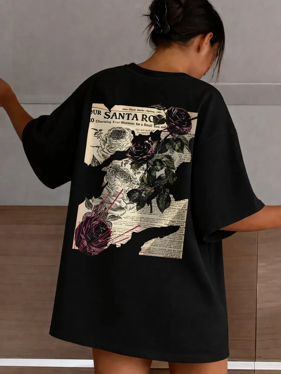Old Newspapers And Roses Prints T-Shirts Womens Cotton Summer Oversized Tops Basic O-Neck Short Sleeve Tees Casual Soft Clothes