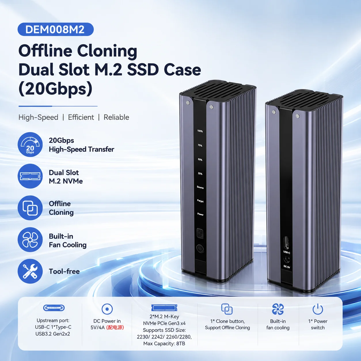 20Gbps USB3.2 Gen2x2 Dual Slot M.2 NVMe SSD Enclosure Offline Clone Fan Cooling Docking Station Tool-Free for 2230/42/60/80