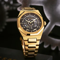 Fashionable trendy alloy steel strip hollow dial luminous imitation mechanical watch with calendar waterproof quartz men's watch